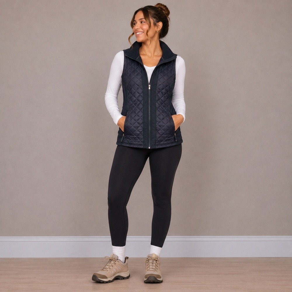 Athleta Womens Navy Blue Quilted Puffer Vest Full Zip Fleece Collar Size M